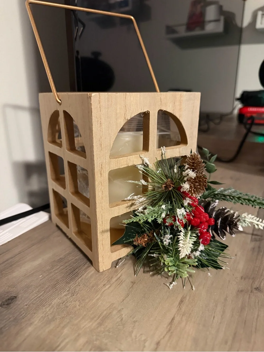 Wooden Holiday Lantern with Red Berry Accent - Home Holiday